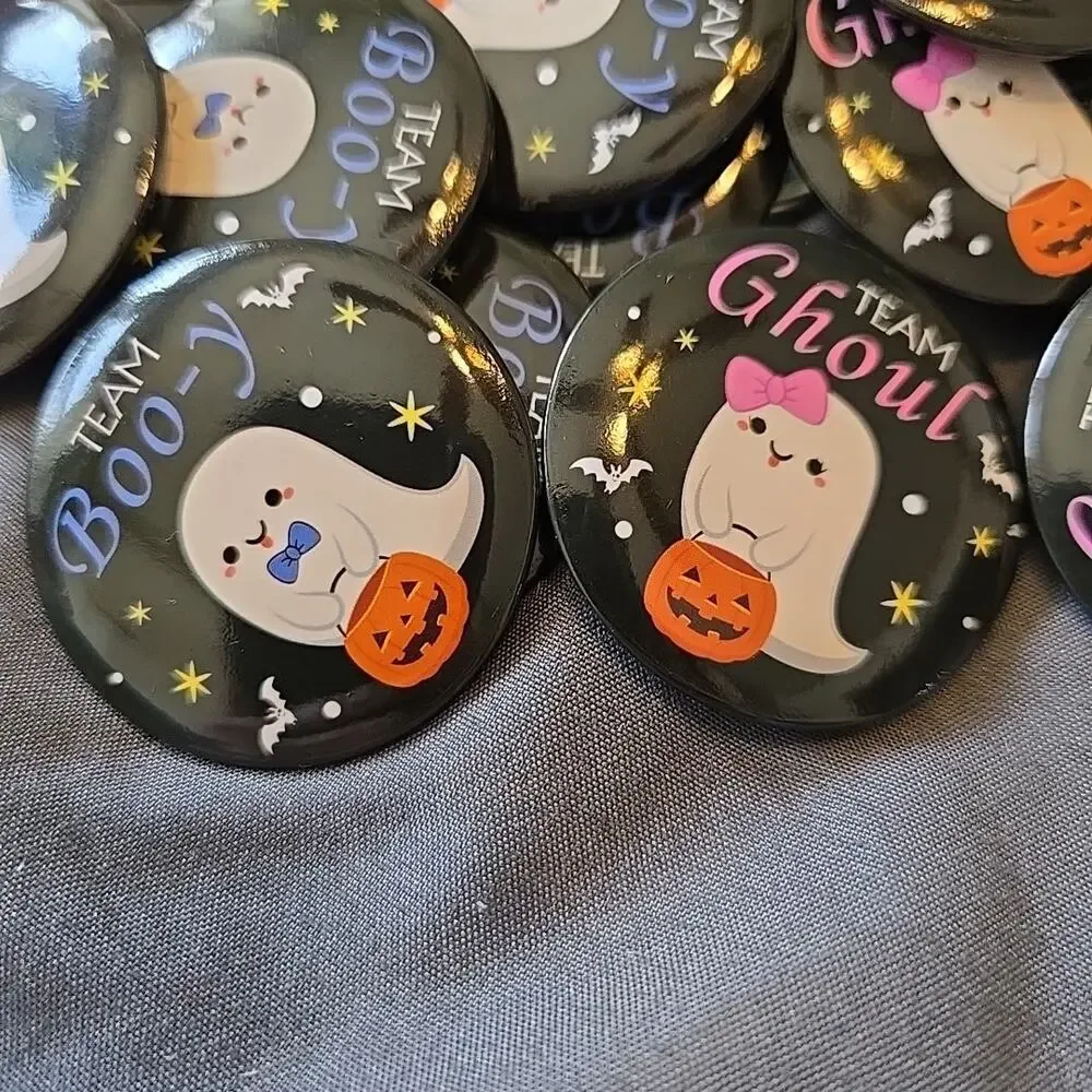 50 Pcs Gender Reveal Button Pins Team Boo-y and Team Ghoul Ghost/Halloween Theme